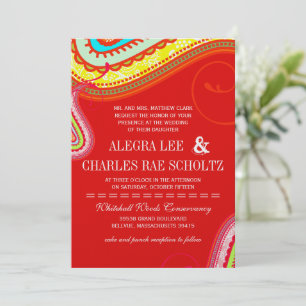 Modern Yellow Orange Aqua Mint Red Paisley Wedding Invitation