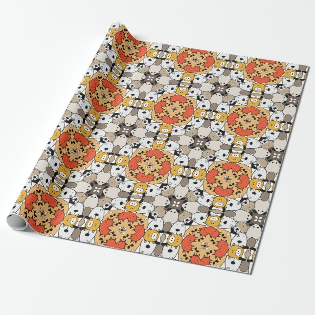 Modern Yellow Orange Brown Cartoon Dog Pattern  Wrapping Paper (Unrolled)