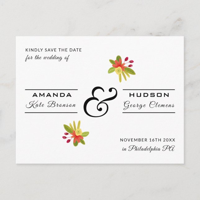 Modern Yellow Orange Floral Wedding Save the Date Postcard (Front)