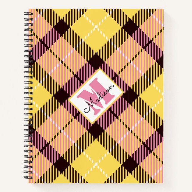Modern Yellow Pink Plaid Tartan Personalised Name Notebook (Front)