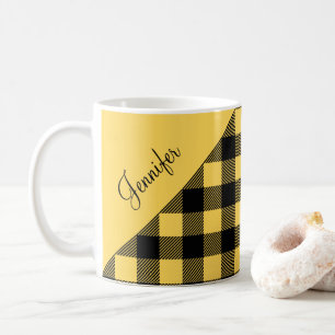 Modern Yellow Plaid Check Pattern Name Coffee Mug