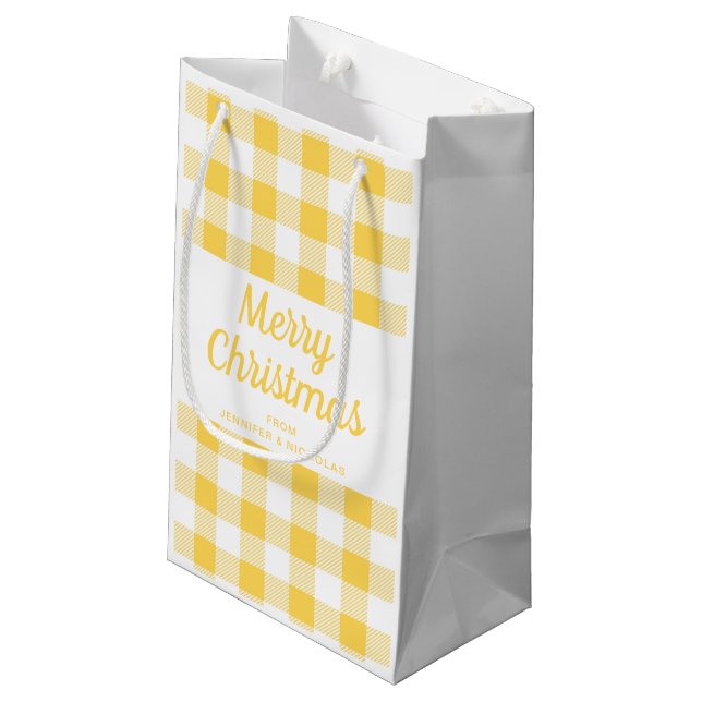 Modern Yellow Plaid Christmas Small Gift Bag (Back Angled)