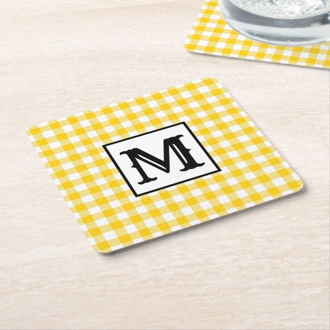 Modern Yellow Plaid Monogram Square Paper Coaster (Angled)