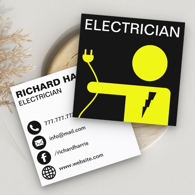 Modern Yellow Power Plug Electrician Square Business Card (Creator Uploaded)