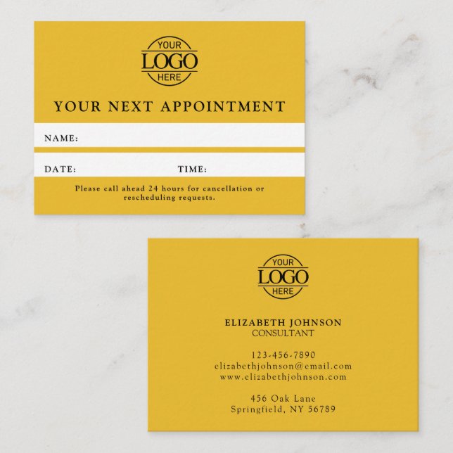 Modern Yellow Professional Simple Reminder Appointment Card (Front/Back)