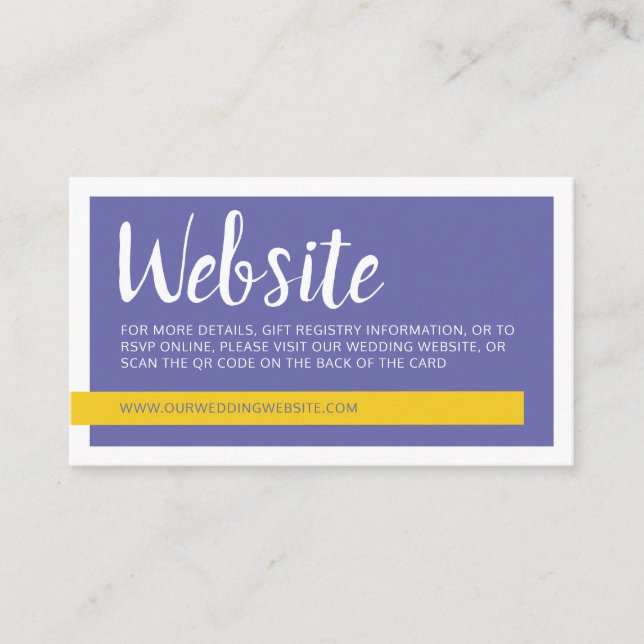 Modern yellow & purple QR code wedding website Enclosure Card (Front)
