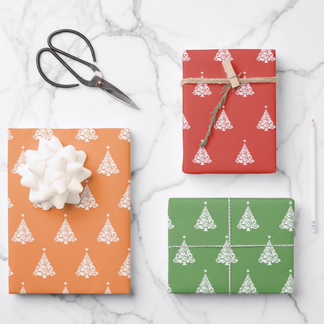 Modern Yellow Red Green Christmas Tree Pattern  Wrapping Paper Sheet (Front)