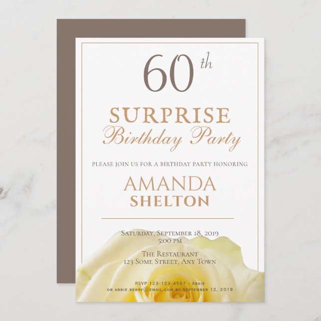 Modern Yellow Rose 60th Surprise Birthday Party Invitation (Front/Back)