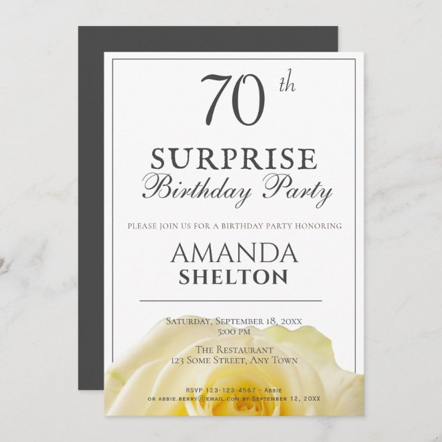 Modern Yellow Rose 70th Surprise Birthday Party Invitation (Front/Back)