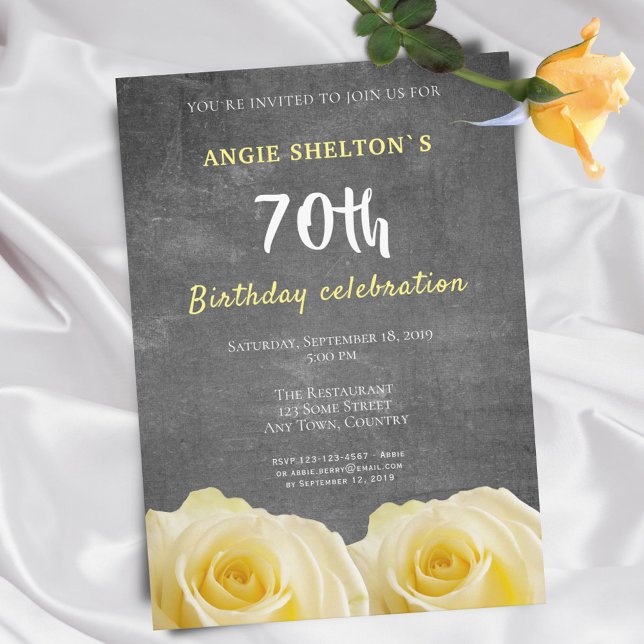 Modern Yellow Rose Chalkboard 70th Birthday Party Invitation (Creator Uploaded)
