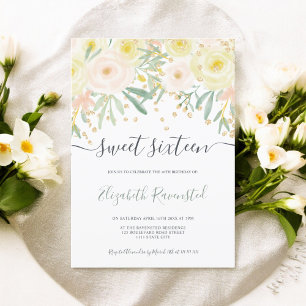Modern yellow rose green floral gold sweet sixteen invitation