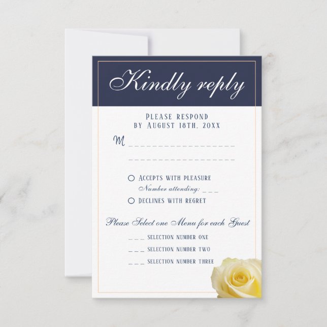 Modern Yellow Rose Wedding Menu Choice RSVP Card (Front)