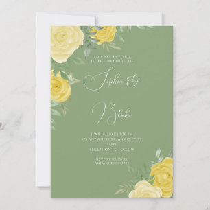 Modern Yellow Roses Elegant Green Wedding Invitation