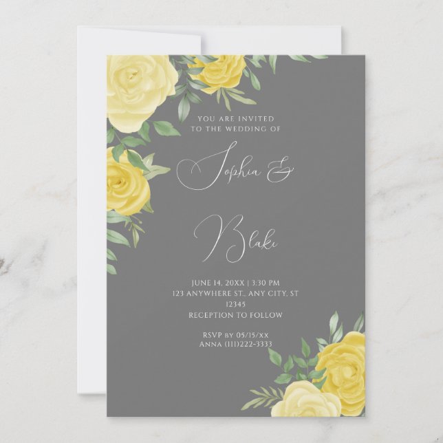 Modern Yellow Roses Elegant Grey Wedding Invitation (Front)