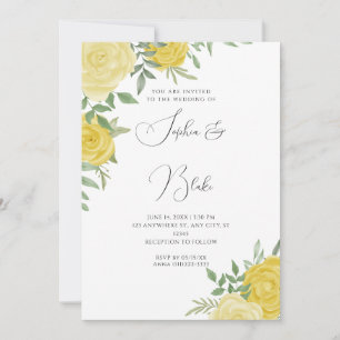 Modern Yellow Roses Elegant White Wedding Invitation