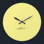 Modern yellow script name large clock<br><div class="desc">Modern clock with a sunny yellow background and a hand lettered black girly script name. Personalise with your name</div>