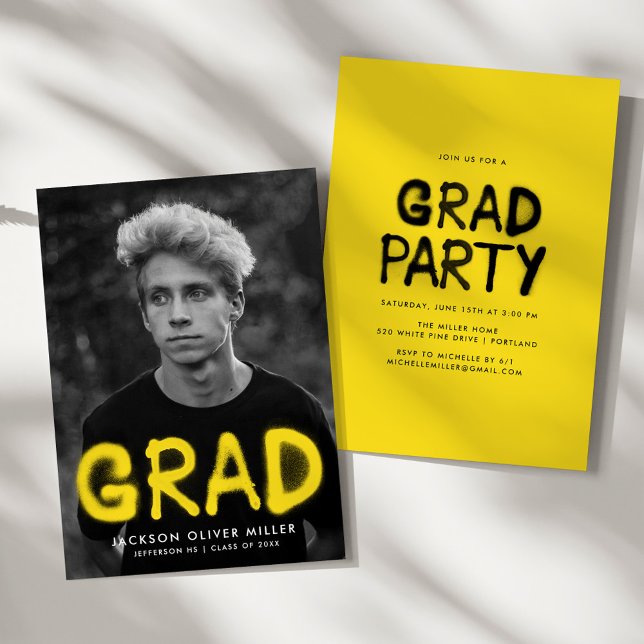 Modern Yellow Spray Paint Photo Graduation Party Invitation (Creator Uploaded)