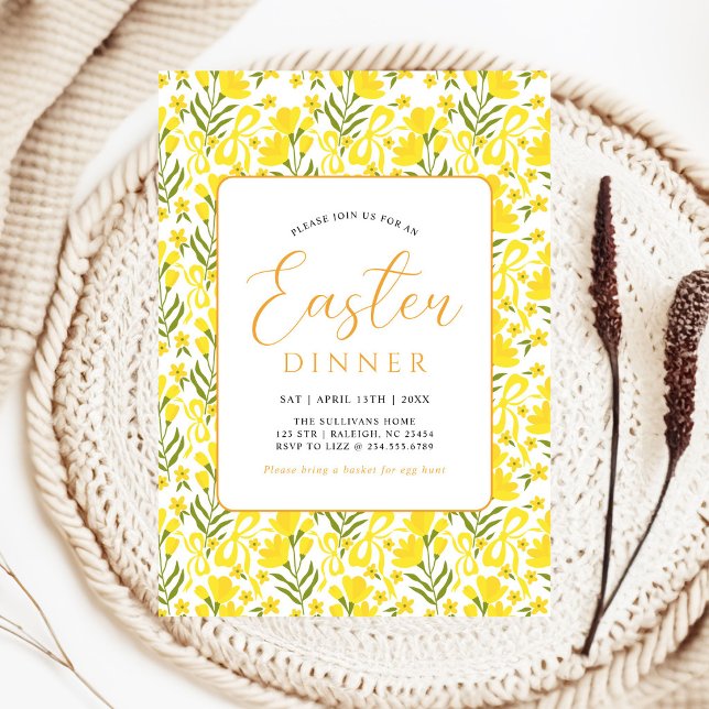 Modern Yellow Spring Floral Bow Easter Dinner Invitation (Creator Uploaded)