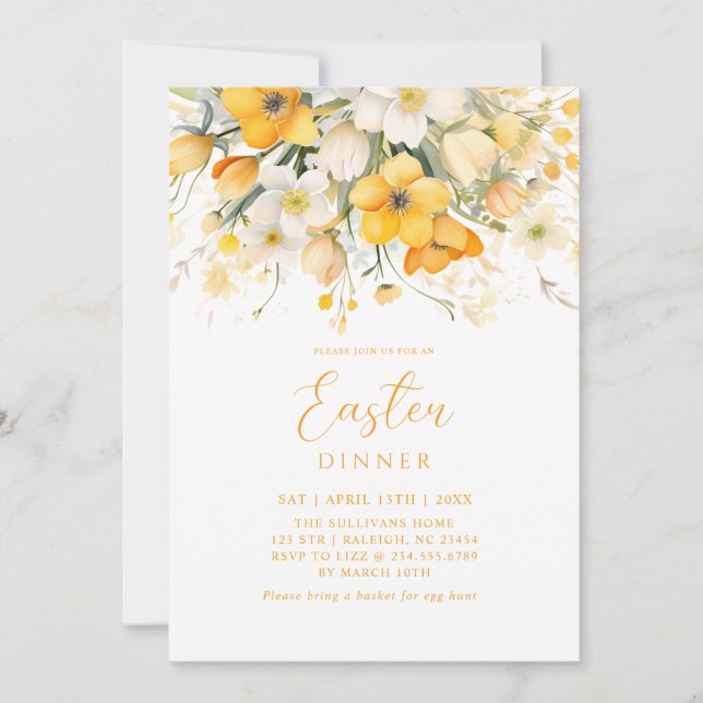 Modern Yellow Spring Floral Easter Dinner Invitation (Front)