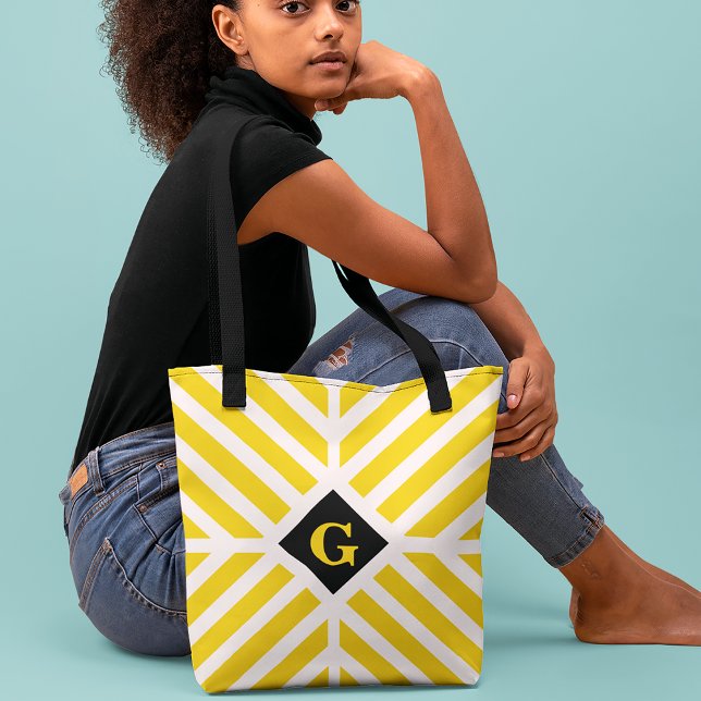 Modern Yellow Stripes Initial Tote Bag (Creator Uploaded)