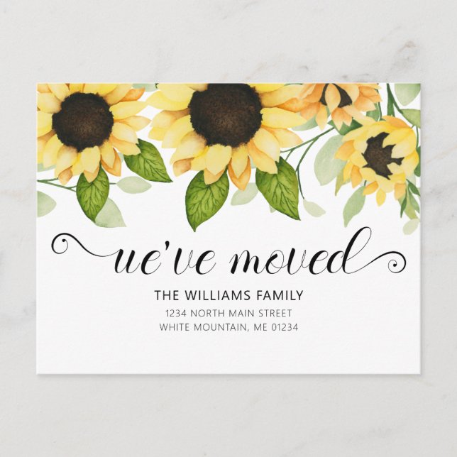 Modern Yellow Sunflower Watercolor Floral Moving Announcement Postcard (Front)