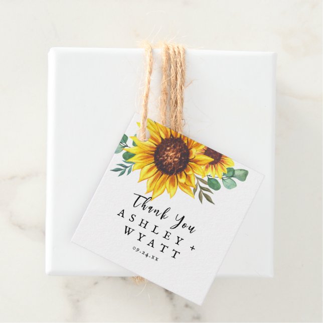 Modern Yellow Sunflower Wedding Favour Tags (In Situ)
