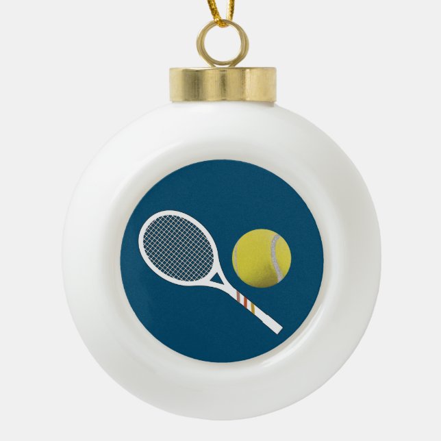 Modern Yellow Tennis Ball Retro Racket Ceramic Ball Christmas Ornament (Front)