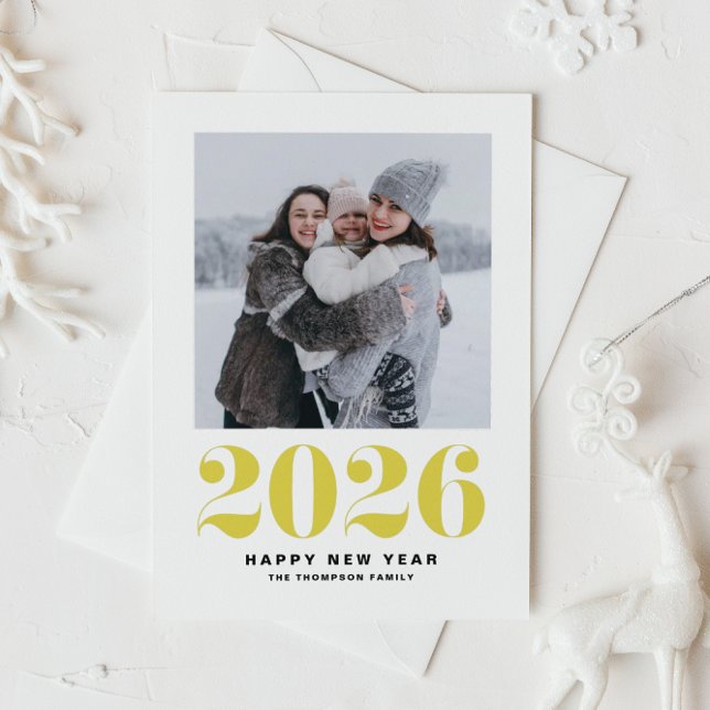 Modern Yellow Typography Happy New Year 2022 Photo Holiday Card (Ring in 2026 with this yellow Happy New Year photo card featuring retro bold typography.)
