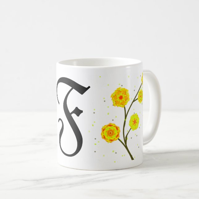 Modern yellow watercolor floral monogram name coffee mug (Front Right)