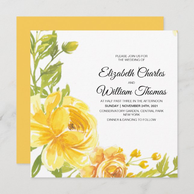 Modern Yellow Watercolor Flowers Wedding Invitation (Front/Back)