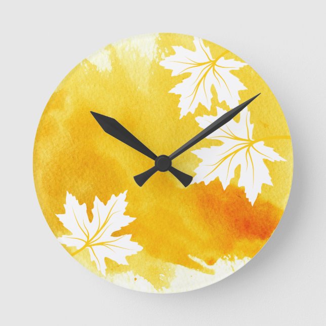 Modern yellow watercolor maple leaves round clock (Front)