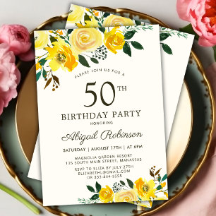 Modern Yellow Watercolor Rose Floral 50th Birthday Invitation