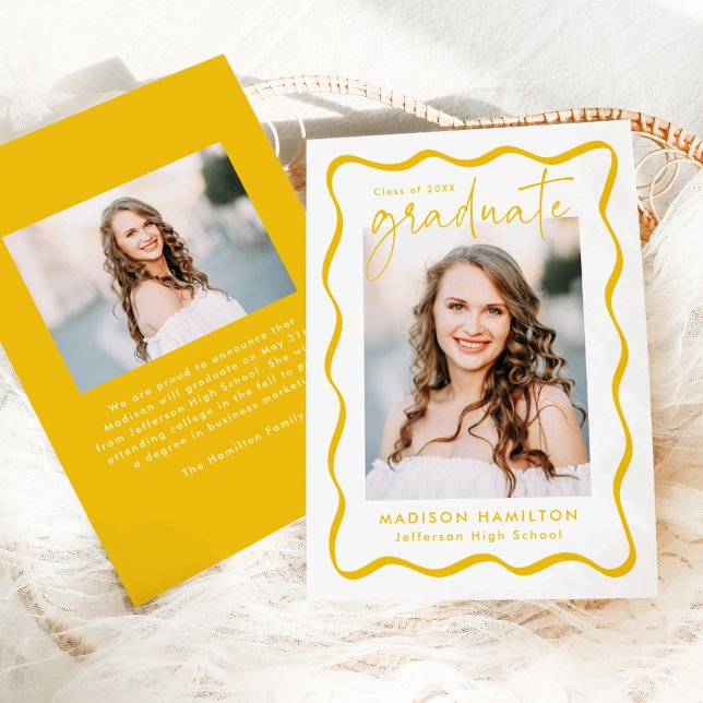 Modern Yellow Wavy Frame 2 Photo Graduation Announcement (Creator Uploaded)