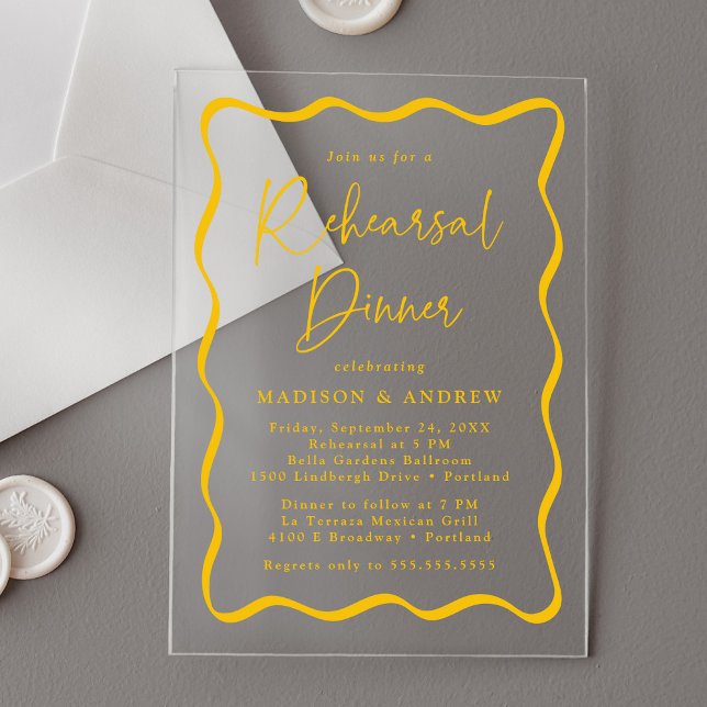 Modern Yellow Wavy Frame Rehearsal Dinner Acrylic Invitations (Creator Uploaded)