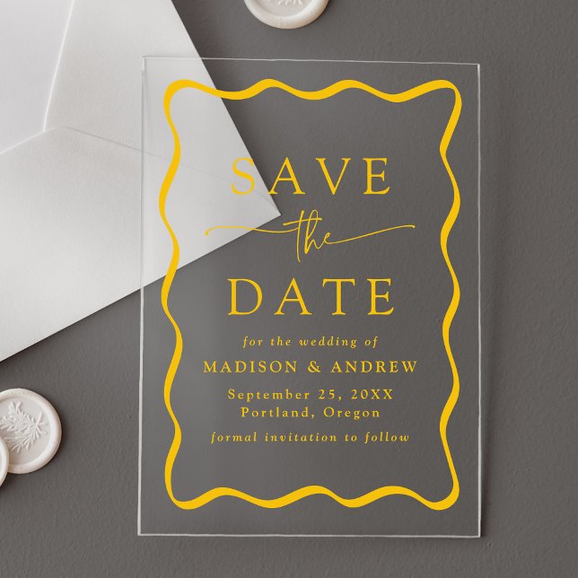 Modern Yellow Wavy Frame Wedding Save the Date Acrylic Invitations (Creator Uploaded)
