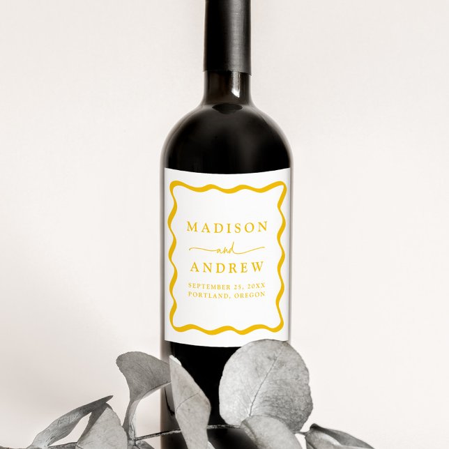 Modern Yellow Wavy Frame Wedding Wine Label (Creator Uploaded)