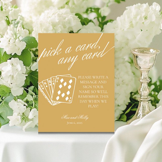 Modern Yellow Wedding Playing Cards Pedestal Sign (Add a fun touch to your wedding or event with this modern serif playing cards guest book sign.)