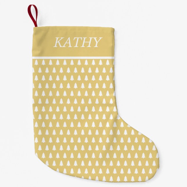 Modern Yellow White Christmas Tree Pattern Name Small Christmas Stocking (Front)