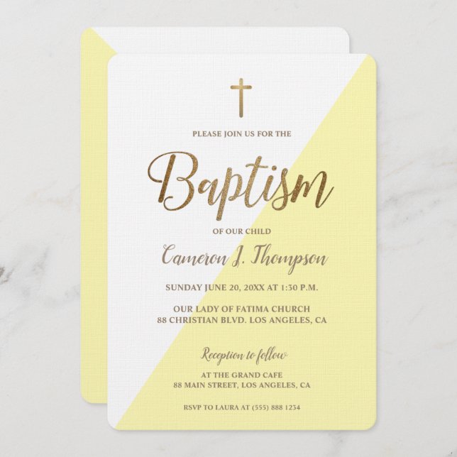 Modern Yellow White Gold Baptism baby Invitation (Front/Back)