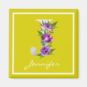 Modern Yellow White Metallic Floral J Monogram Magnet