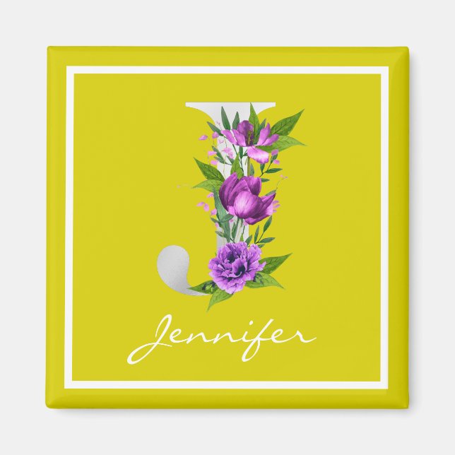 Modern Yellow White Metallic Floral J Monogram  Magnet (Front)