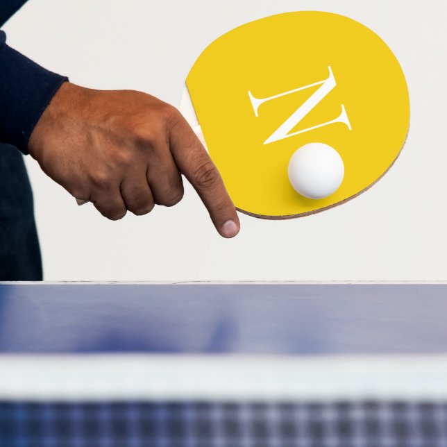 Modern yellow &white monogram initial ping pong paddle (Insitu)