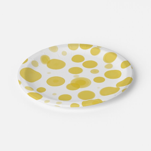 Modern Yellow & White Polka Dot Bubbles Party Paper Plate (Angled)