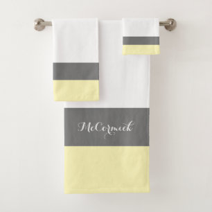Modern Yellow White Script Monogram Name  Bath Towel Set