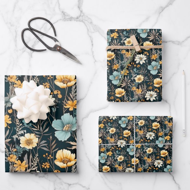 Modern Yellow Wildflowers Wrapping Paper Sheet (Front)