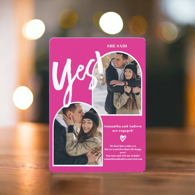 Modern yes 2 photos arch hot pink engagement announcement (Modern yes 2 photos arch hot pink engagement announcement)