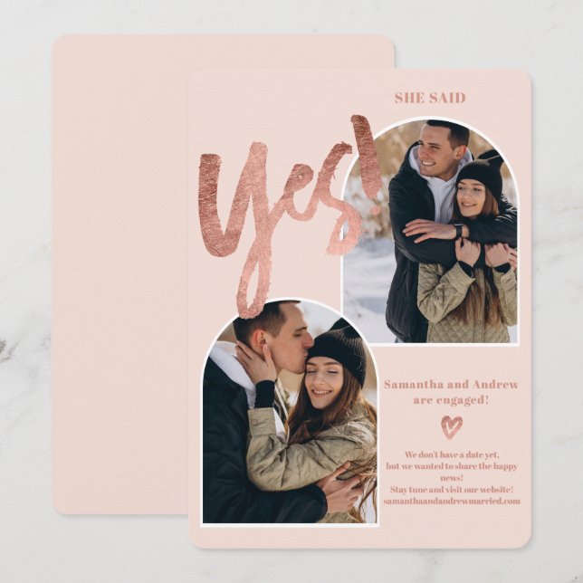 Modern yes 2 photos arch rose gold pink engagement announcement (Front/Back)