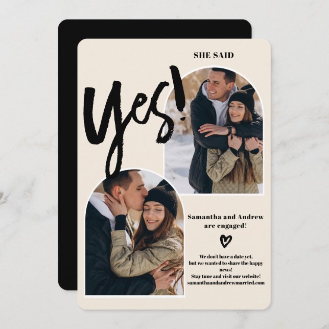 Modern yes script 2 photos arch ivory engagement announcement (Front/Back)