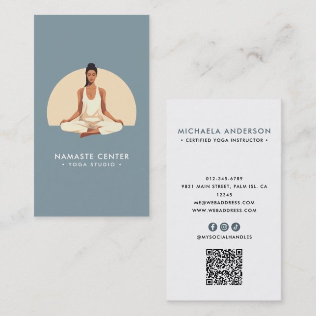 Modern Yoga/Mindfulness Lotus Pose Socials QR Code Business Card (Front/Back)
