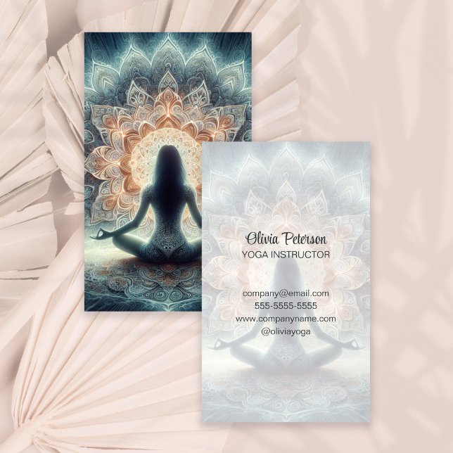 Modern Yoga Teacher Mandala Yogi Girl Business Card (Modern Yoga Teacher Mandala Yogi Girl Business Card on a boho neutral dry palm leaf.)